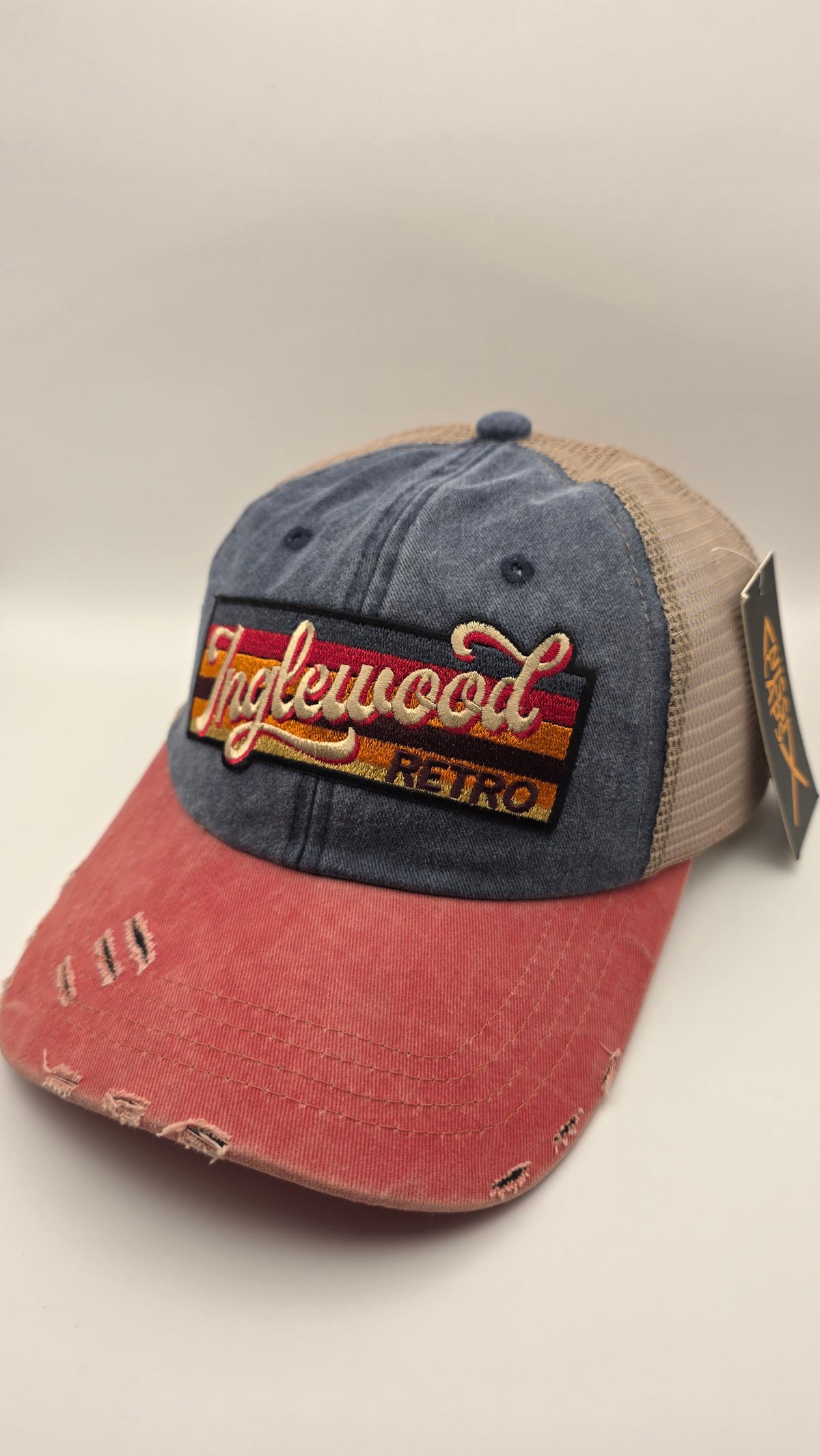 Inglewood Washed denim/ distressed washed red & mesh trucker hat