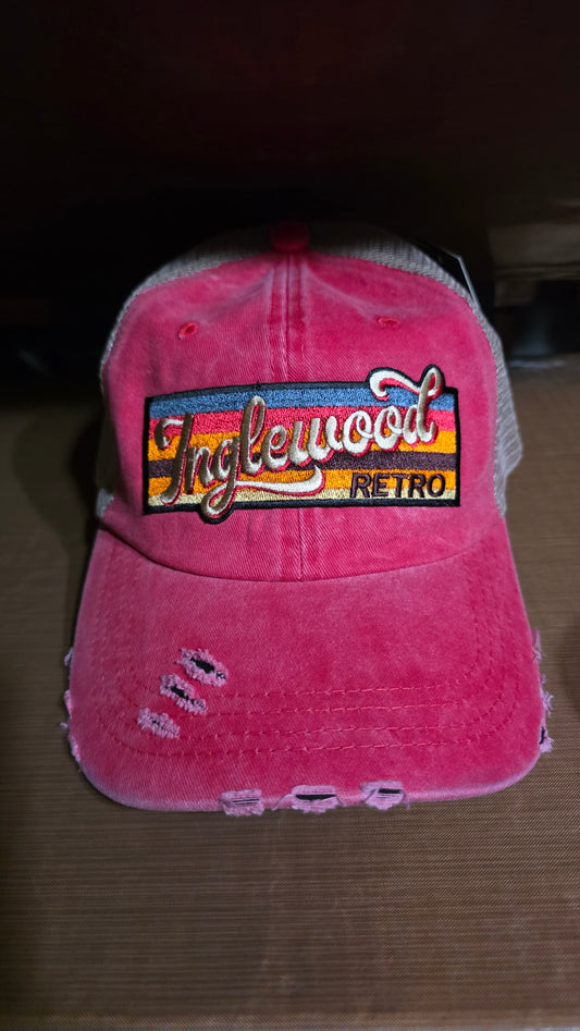 Pink denim/tan distressed trucker hat